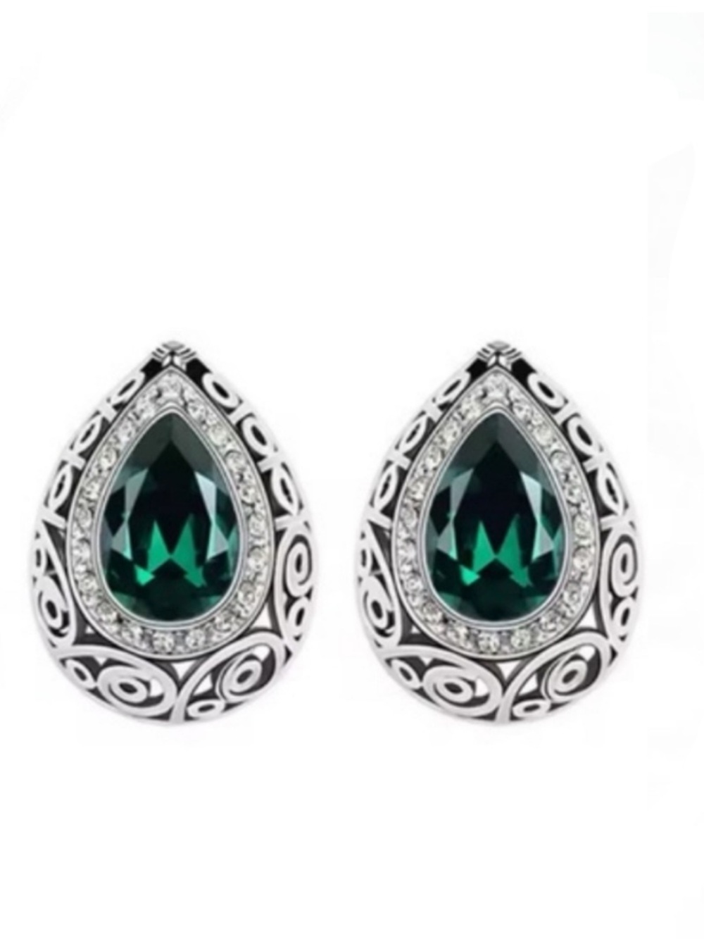 Swarovski Elements Silver Tone Emerald Green Teardrop Stud Earrings NEW